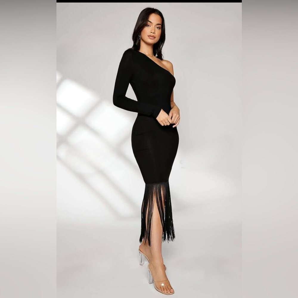 Black One Shoulder Tassel Hem super cute demure Dress